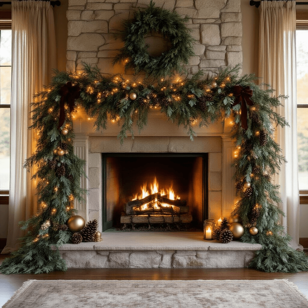 How to Hang Fireplace Mantle Garland That Actually Stays Put (And Looks Amazing) A cozy, photorealistic wide-angle shot of a grand stone fireplace mantel adorned with a lush garland of faux pine and eucalyptus, illuminated by warm amber light filtering through sheer curtains. The mantel features warm white fairy lights, pinecones, matte gold ornaments, and burgundy velvet ribbons, creating a festive atmosphere with a rustic oak shelf and flickering candles below.