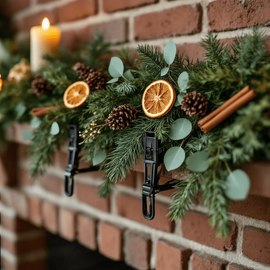 How to Hang Fireplace Mantle Garland That Actually Stays Put (And Looks Amazing) A close-up of heavy-duty brick clips gripping the mortar of a red brick fireplace, supporting a layered garland of faux pine and eucalyptus with warm candlelight casting an amber glow. Dried orange slices, cinnamon sticks, and sprigs of preserved rosemary are nestled within the greenery, highlighting an intimate and rustic mood.
