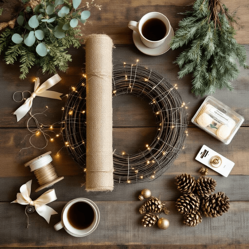 How to Hang Fireplace Mantle Garland That Actually Stays Put (And Looks Amazing) An organized flat lay of a fireplace mantel preparation scene featuring a rolled chicken wire tube, faux garlands in pine, eucalyptus, and cedar, alongside zip ties, floral wire, battery-operated string lights, Command hooks, ivory and gold velvet ribbon, brass pinecone ornaments, and ceramic mugs of hot coffee, all displayed on a reclaimed wood table in soft morning light.