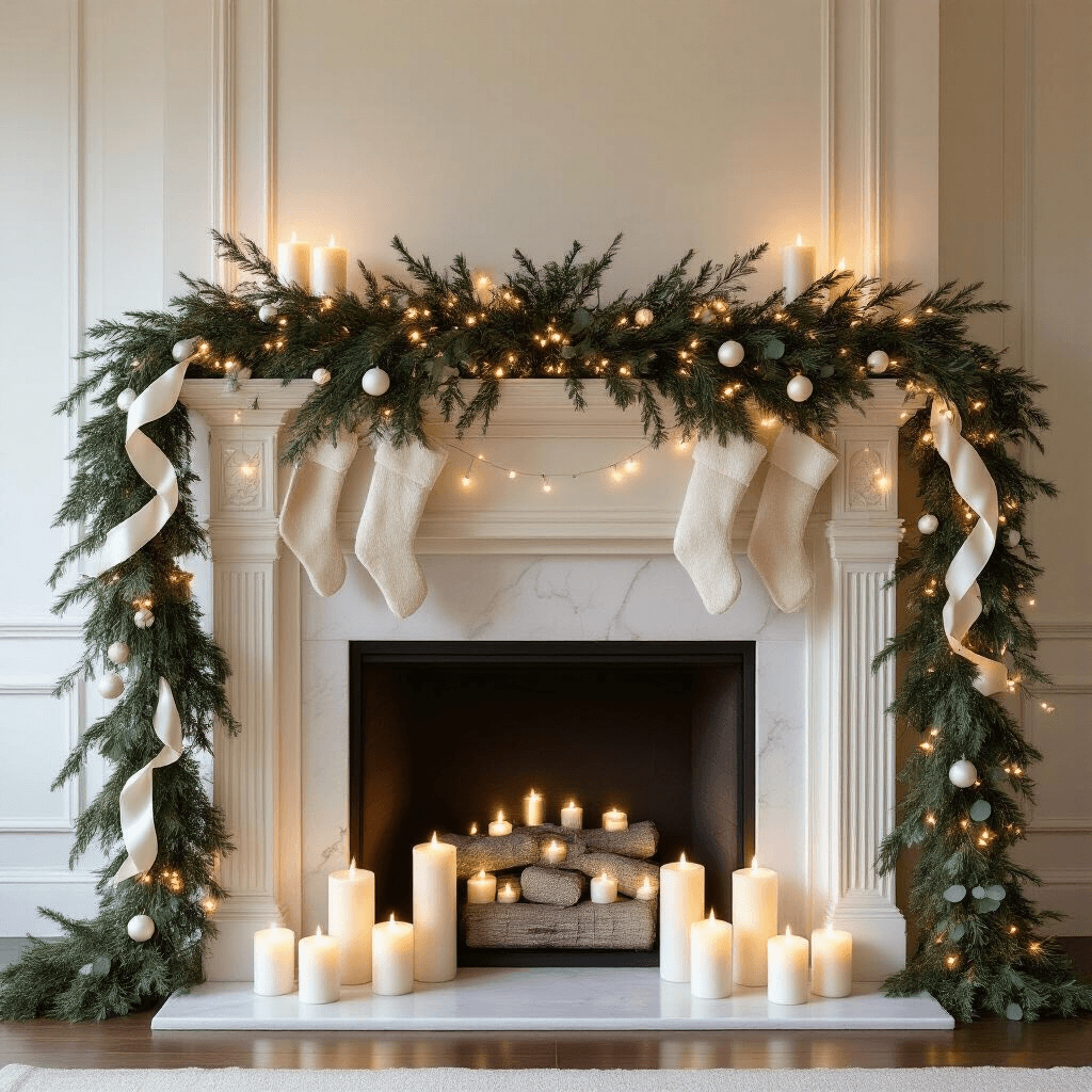 How to Hang Fireplace Mantle Garland That Actually Stays Put (And Looks Amazing) A beautifully styled living room interior featuring an elegant ivory-painted fireplace mantel adorned with lush faux garlands, warm white fairy lights, and clusters of white pillar candles on a polished marble hearth, creating a whimsical, holiday luxe atmosphere.