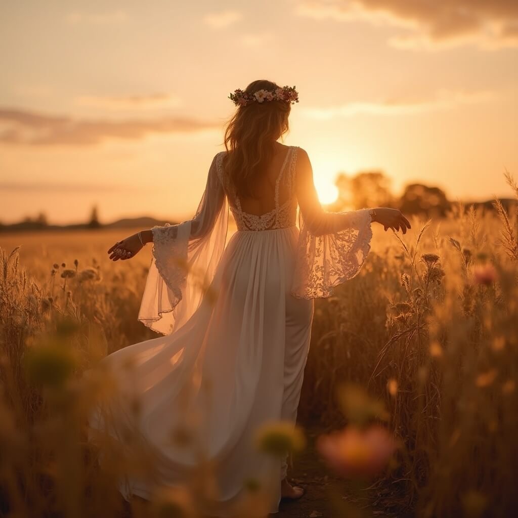 Boho bride in a flowing gown with wide bell sleeves standing barefoot in a golden wheat field at sunset, with a sun flare glowing behind her flower crown and the sky filled with warm orange-pink hues.