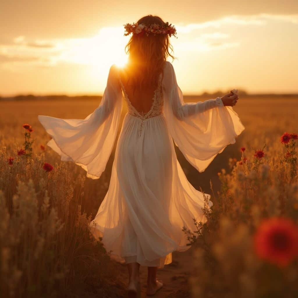 Boho bride in bell sleeve gown standing barefoot in wheat field at sunset, sun flare glowing behind her flower crown