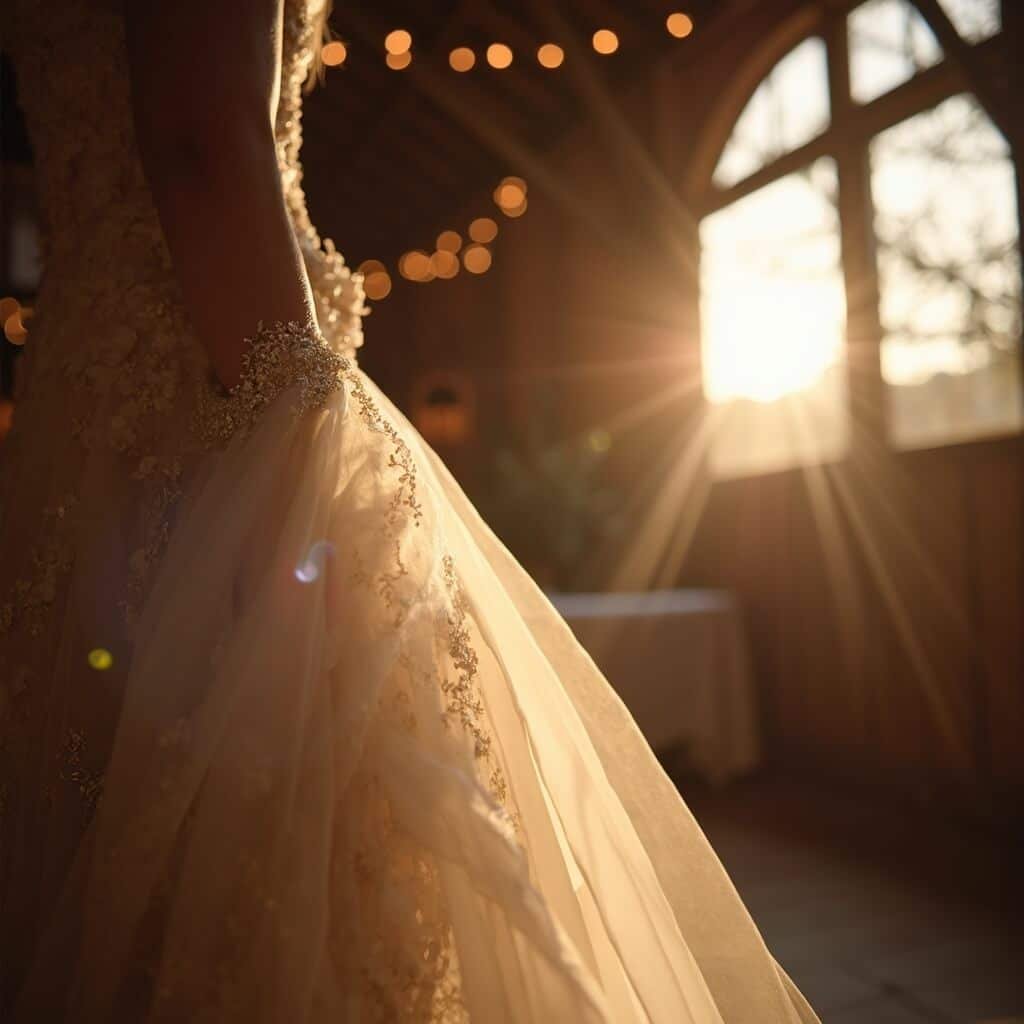 Bride's arm and shoulder in bishop sleeve gown with intricate beading under golden sunlight in rustic barn environment
