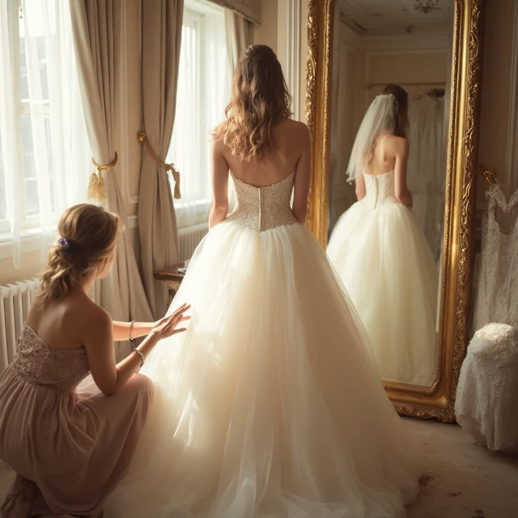 What Makes a Wedding Dress Timeless — and How to Choose One That Still Looks Right in 2050 Bride in a ball gown with corseted bodice standing in front of a tall mirror in a warmly illuminated bridal boutique fitting room, with a seamstress adjusting the dress hem