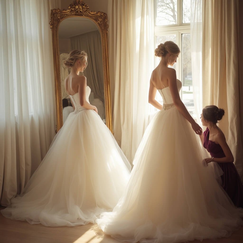 What Makes a Wedding Dress Timeless — and How to Choose One That Still Looks Right in 2050 Bride in a structured ball gown with a corseted bodice and tulle skirt in a bridal boutique fitting room, her reflection mirrored in a tall gilt-framed mirror, seamstress adjusting the gown's hem, bathed in warm afternoon light filtering through sheer curtains.