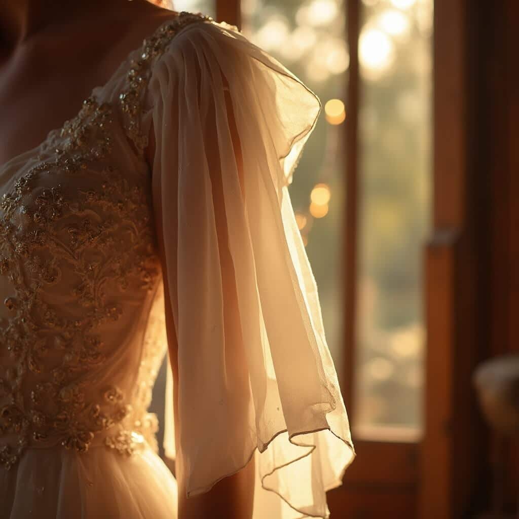 Bride's arm in bishop sleeve wedding gown with intricate beading illuminated by golden sunlight, rustic barn with string lights in soft focus background.