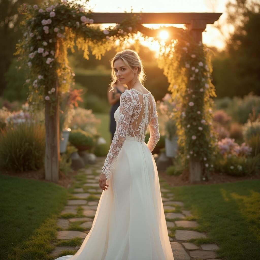 What Makes a Wedding Dress Timeless — and How to Choose One That Still Looks Right in 2050 Bride in A-line gown with detachable lace sleeves standing near wooden arbour in garden rehearsal during golden hour, soft rim lighting highlighting her silhouette with blurred florist in background