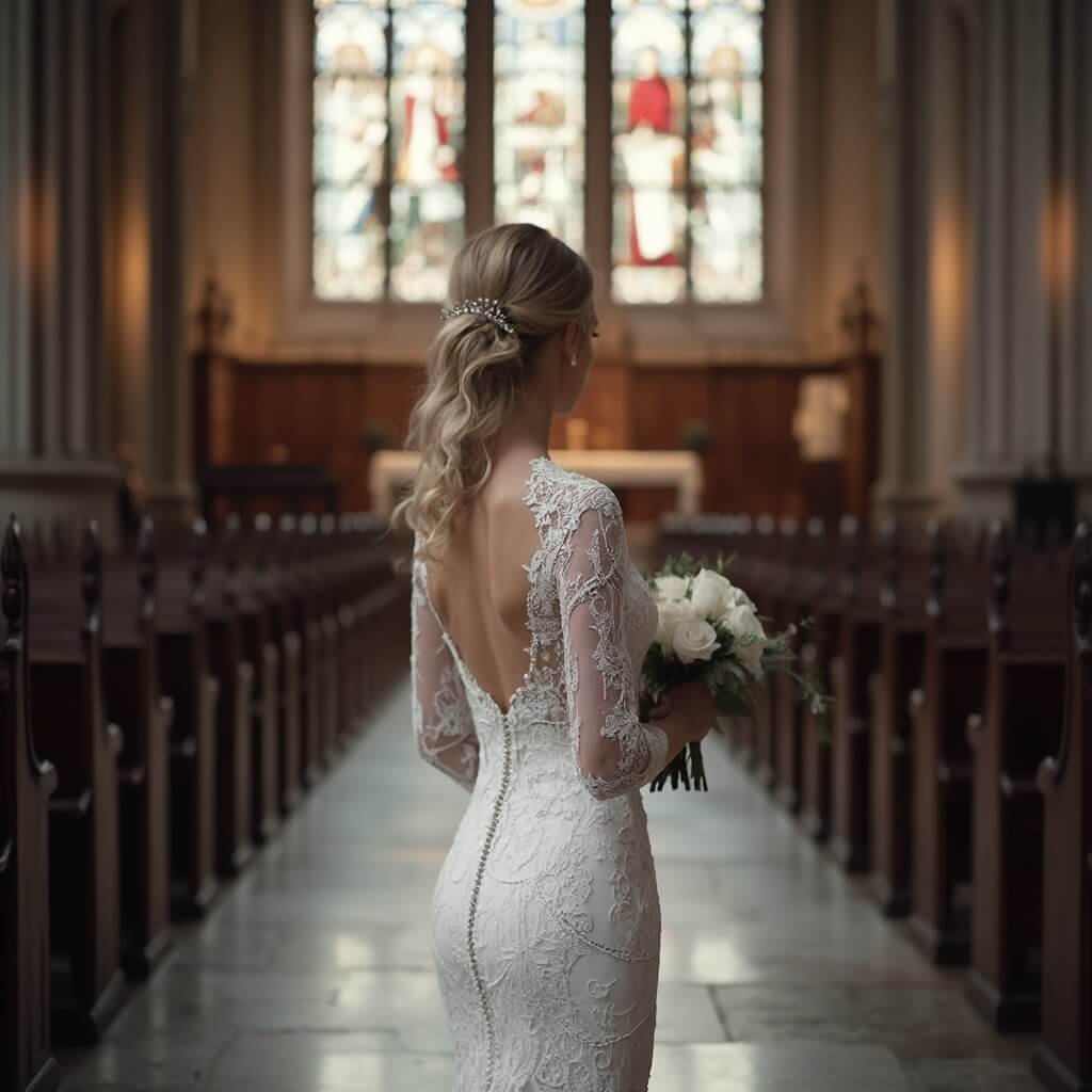 Bride in long-sleeve lace gown holding a bouquet of white roses, standing before a tall church altar with Gothic architecture and stained-glass windows casting muted light across the stone floor.