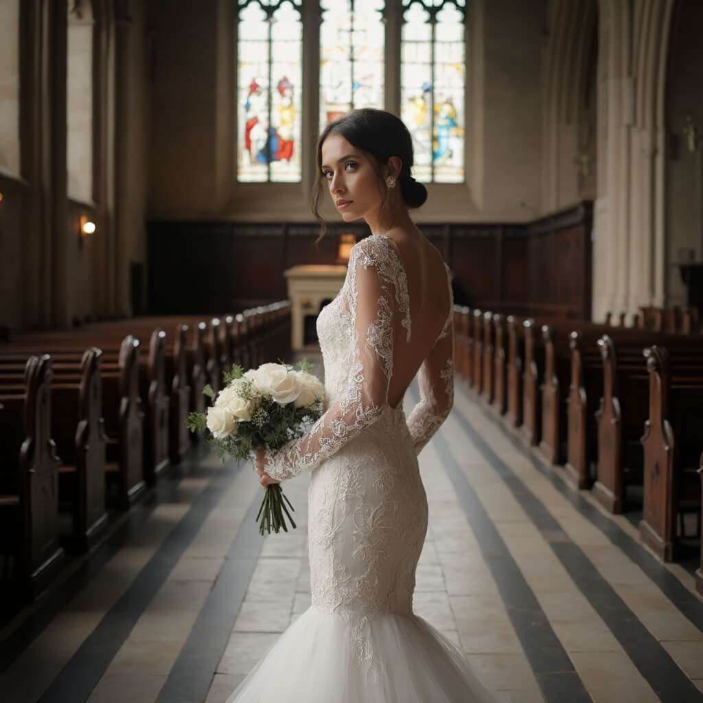 Bride in a long-sleeve lace wedding gown clasping a bouquet of white roses, standing before a tall church altar in a Gothic cathedral, bathed in muted daylight filtering through stained-glass windows.