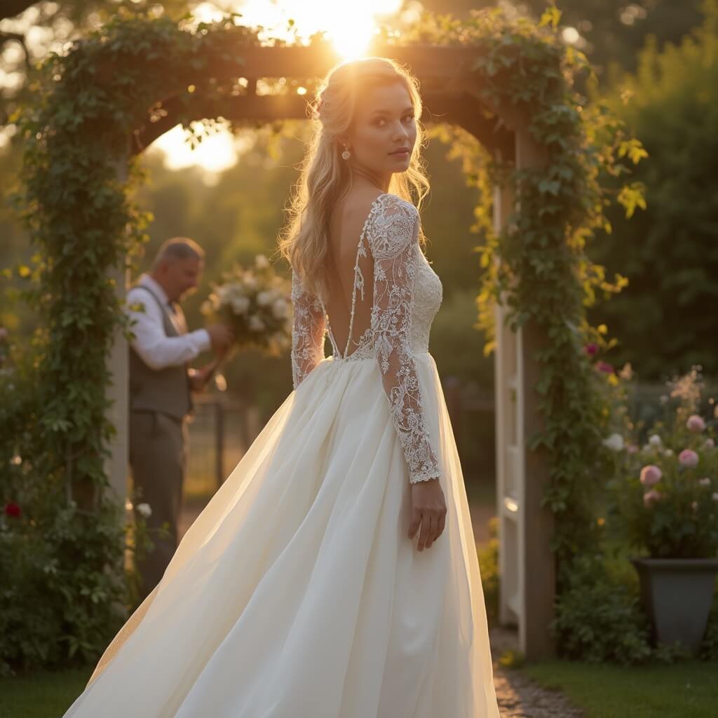 What Makes a Wedding Dress Timeless — and How to Choose One That Still Looks Right in 2050 Bride in simple A-line wedding dress with delicate lace sleeves standing near a greenery-draped wooden arbour during golden hour, florist packing up arrangements in blurred background.