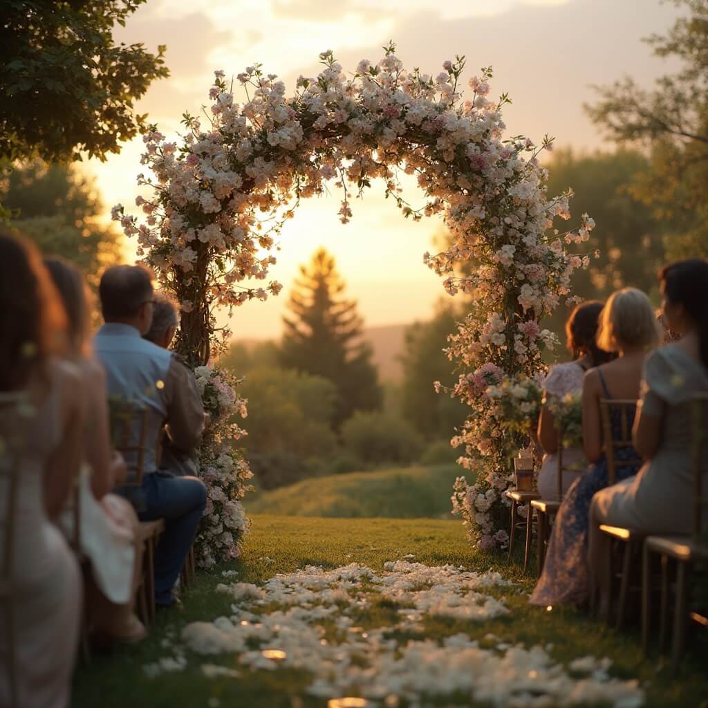 Wedding Décor Ideas That Suit Your Venue, Your Budget, and You Low angle view of romantic garden wedding arch adorned with cascading white and blush blossoms and fairy lights, rustic seating, blurred guests in foreground, and warm dusky sky in backdrop during golden hour