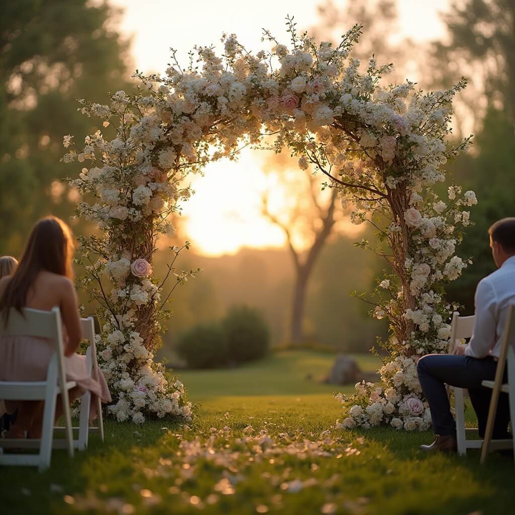 Wedding Décor Ideas That Suit Your Venue, Your Budget, and You Romantic garden wedding set up at golden hour featuring a flower-adorned arch, fairy lights, rustic seating, and blurred guests, with a warm dusky sky in the background