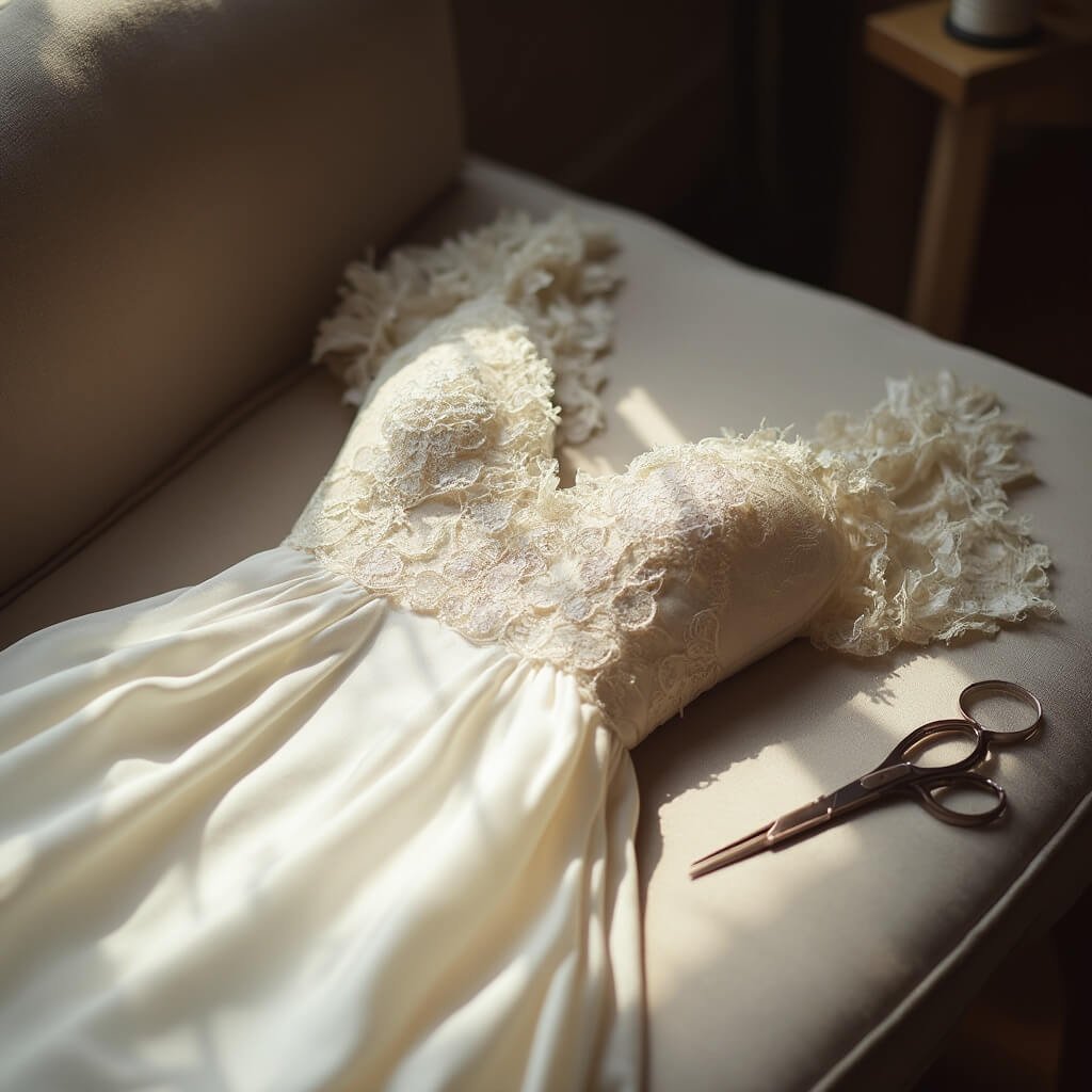 What Makes a Wedding Dress Timeless — and How to Choose One That Still Looks Right in 2050 Close-up of a hand-finished lace wedding dress on a velvet chaise in a softly lit atelier, with scissors and thread nearby, highlighting craftsmanship and the ivory and cream color scheme