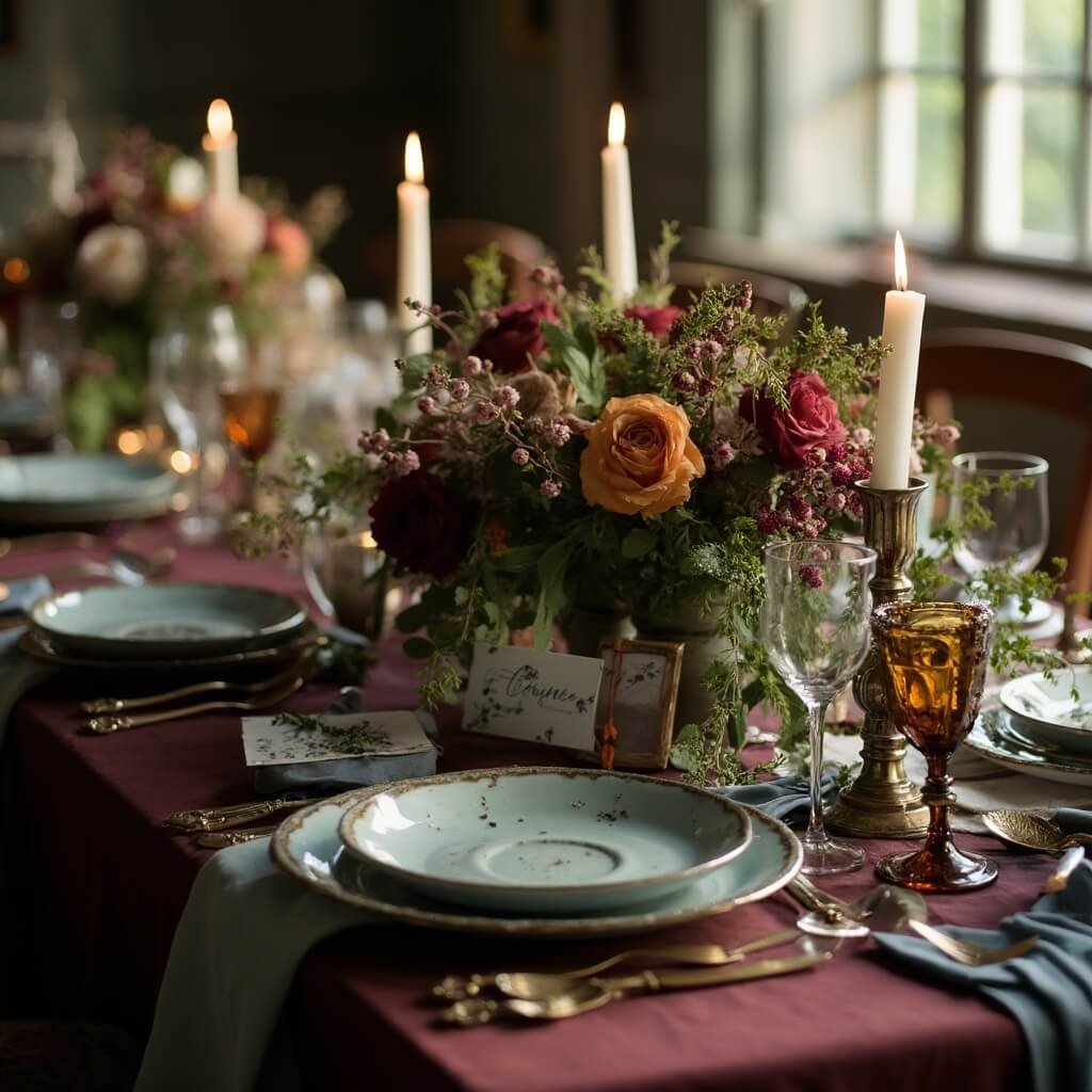 Wedding Décor Ideas That Suit Your Venue, Your Budget, and You Elegant reception tablescape with burgundy and French blue linens, sage green accents, brass candlesticks, loose garden florals and hand-lettered place cards under soft window light, with focus on a centerpiece