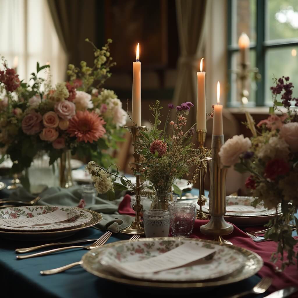 Wedding Décor Ideas That Suit Your Venue, Your Budget, and You Intimate event tablescape with jewel-toned linens, brass candlesticks, garden florals and hand-lettered place cards, lit by soft window light