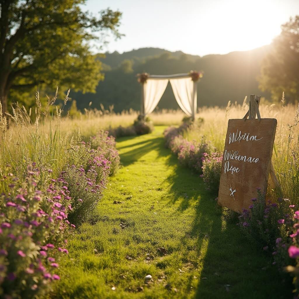 Wedding Décor Ideas That Suit Your Venue, Your Budget, and You Serpentine wedding aisle in sunlit meadow with chartreuse and mauve wildflowers, driftwood welcome sign, long shadows across grass from late-afternoon sun, and distant fabric-draped ceremony backdrop in wide-angle view