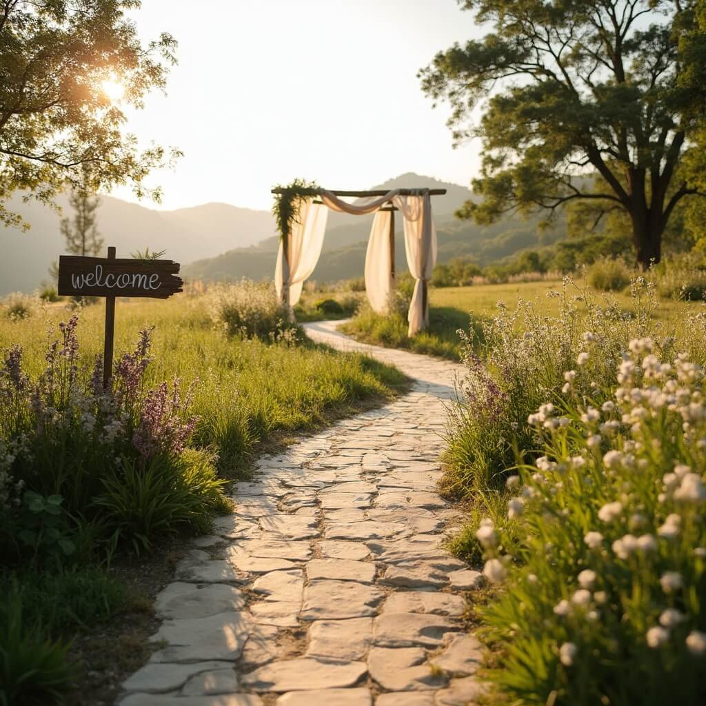 Wedding Décor Ideas That Suit Your Venue, Your Budget, and You Serpentine wedding aisle in a sunlit meadow with chartreuse and mauve wildflower clusters, driftwood welcome signage, long shadows over grass, leading to fabric-draped ceremony backdrop in a wide-angle composition