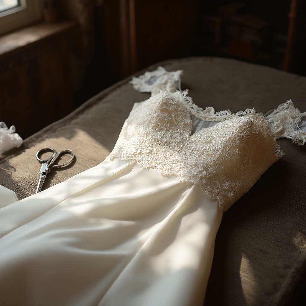 What Makes a Wedding Dress Timeless — and How to Choose One That Still Looks Right in 2050 A sheath-style wedding dress with exquisite silk crepe and hand-finished lace detailing, laid on a velvet chaise in a soft-lit atelier, a pair of scissors and a spool of thread nearby, illuminated by natural window light highlighting the seams and tailoring in muted ivory and cream tones.