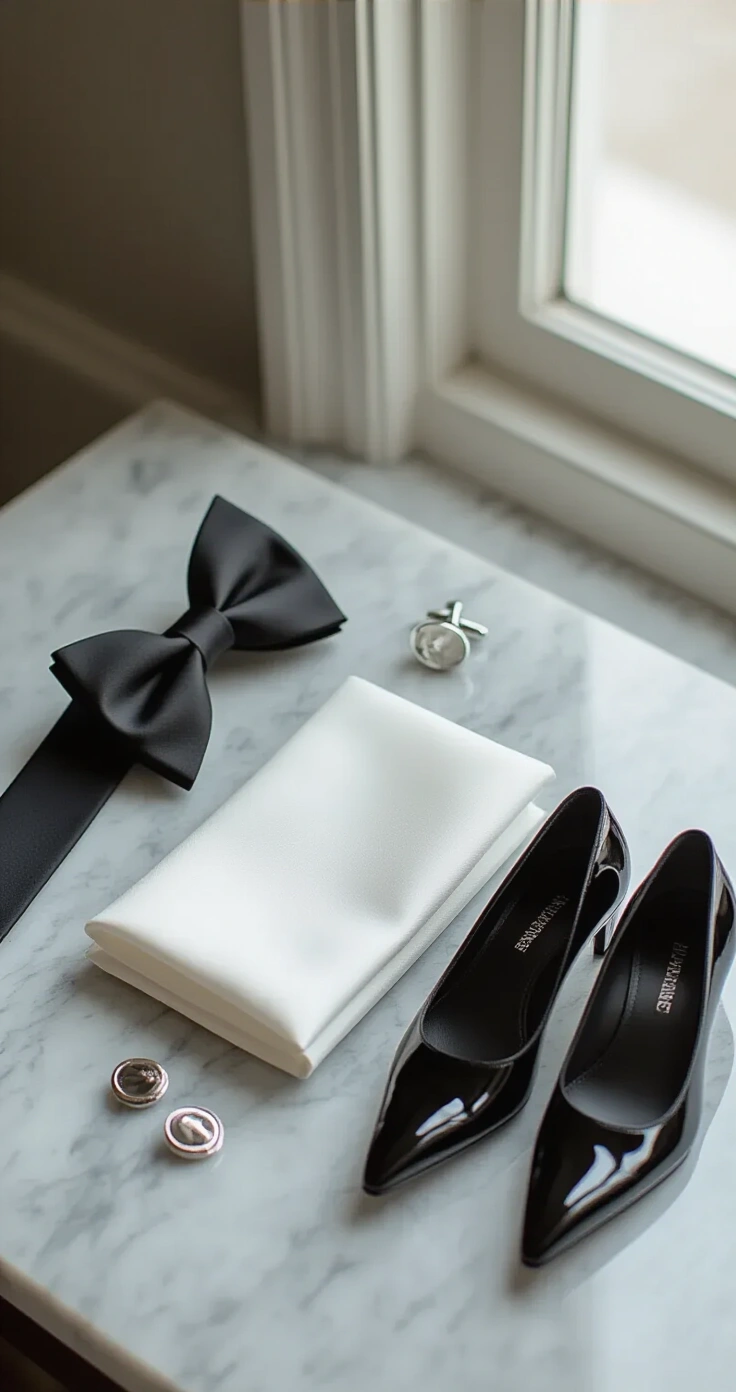 Classic Black Tuxedo Style Guide: Everything You Need to Look Flawless at Any Formal Event Close-up flat lay of black-tie accessories including a black silk bow tie, white linen pocket square, silver oval cufflinks, black patent leather heels, and a satin clutch on a grey marble surface, illuminated by soft natural light, styled for a luxury fashion editorial.