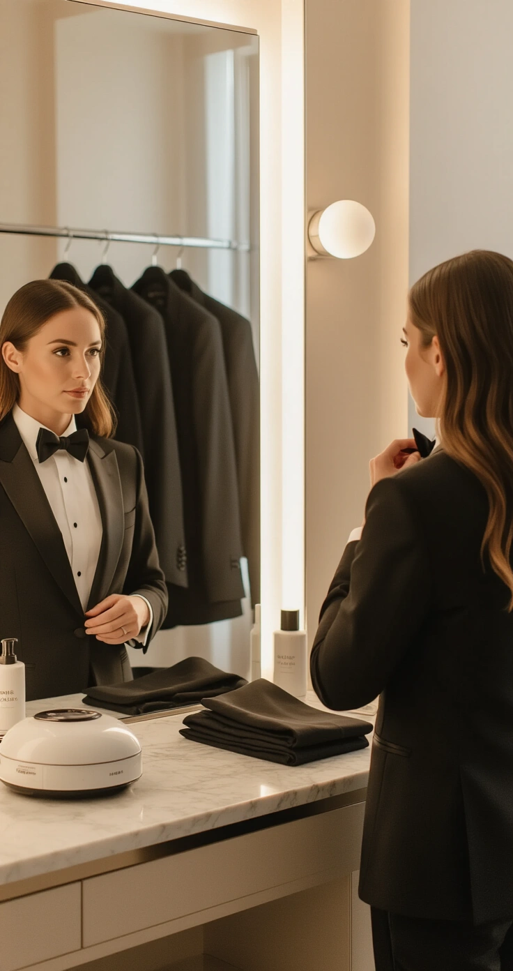 Classic Black Tuxedo Style Guide: Everything You Need to Look Flawless at Any Formal Event A woman in a black tuxedo adjusts her black silk bow tie in a softly lit minimalist dressing room, with warm ambient light illuminating the scene. Neatly hung tux components are visible on a clothing rack behind her, along with a steamer and lint roller on a marble vanity. The atmosphere is intimate and polished, reflecting a pre-event ritual.