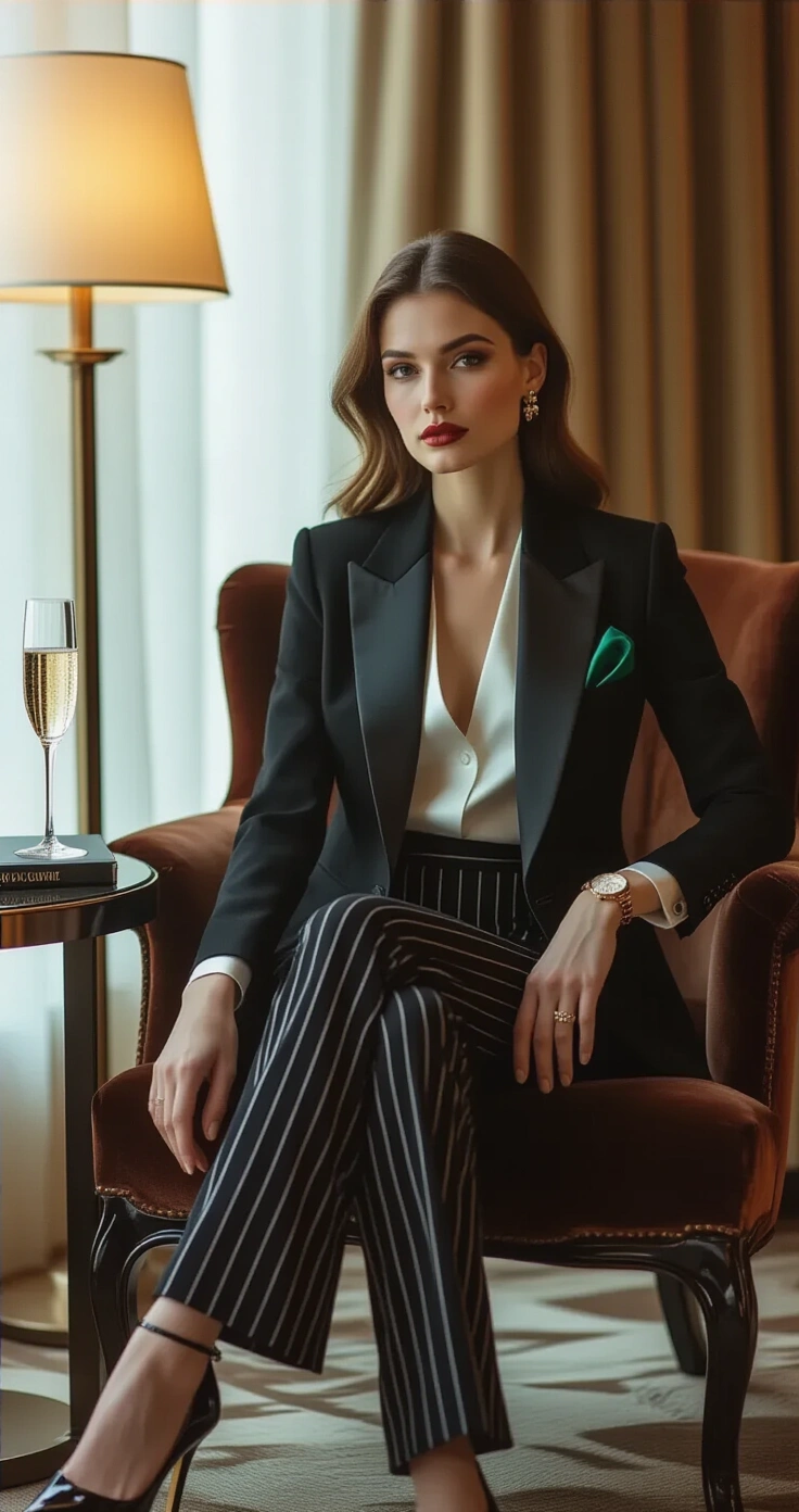 Classic Black Tuxedo Style Guide: Everything You Need to Look Flawless at Any Formal Event A woman in a black tuxedo blazer and white silk blouse sits elegantly on a velvet chair in a hotel lounge, with high-waisted satin-stripe trousers and black patent leather pumps. She wears a slim gold watch and a deep emerald pocket square, with a crystal champagne flute and a fashion book on a side table, illuminated by warm lamp light casting soft shadows.