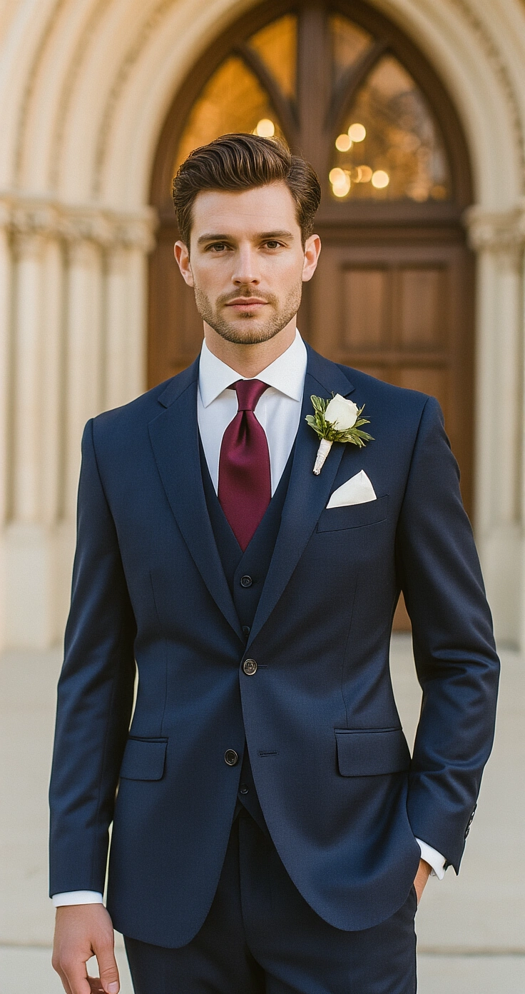 Navy Suit Wedding Attire: The Complete Styling A sharp-dressed groom in a tailored navy suit stands at a sunlit cathedral entrance during golden hour, showcasing a white dress shirt, burgundy tie, and polished black Oxfords, with a delicate boutonnière on his lapel, capturing a cinematic and intimate mood.