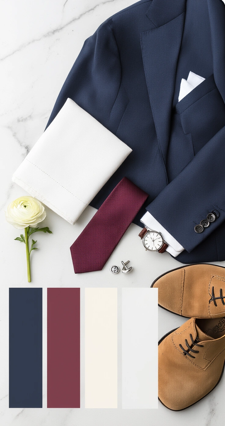 Navy Suit Wedding Attire: The Complete Styling A flat lay of a navy wool suit jacket, white pocket square, deep burgundy silk tie, silver cufflinks, a minimalist leather-strap watch, and tan suede Oxford shoes on a pale marble surface, with a single ivory ranunculus bloom, all bathed in soft natural light.