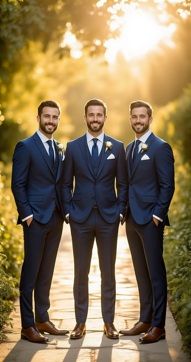 Navy Suit Wedding Attire: The Complete Styling A trio of groomsmen in coordinated navy suits with white shirts and dusty blue ties stands in a sunlit garden, softly glowing in the golden hour light, captured from a low angle with a shallow depth of field.