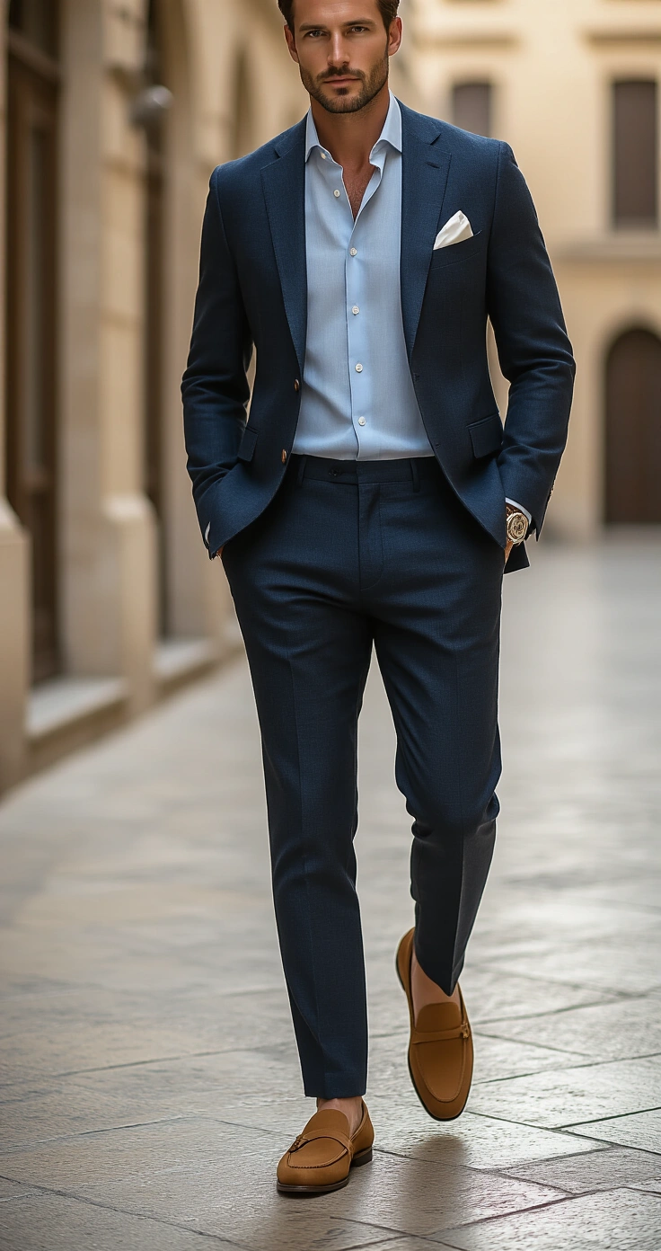 Navy Suit Wedding Attire: The Complete Styling A confident male wedding guest in a navy linen suit and pale blue shirt walks through a polished urban courtyard, showcasing a relaxed and stylish atmosphere with cognac tan loafers and a white pocket square, captured from a low angle in soft midday light.