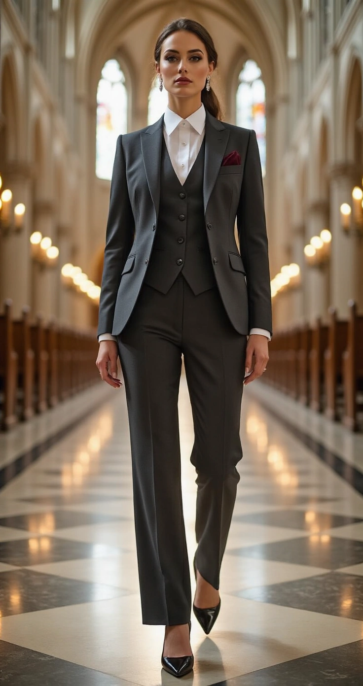 Grey Suit Wedding Attire: The Only Guide You'll Ever Need to Look Sharp on the Big Day A woman in a charcoal grey three-piece suit stands confidently in a grand cathedral foyer during a wedding, complemented by a crisp white shirt and a deep burgundy pocket square. The shot captures her elegance from a low angle, with diamond earrings glinting in the warm light and shadows providing a dramatic contrast.