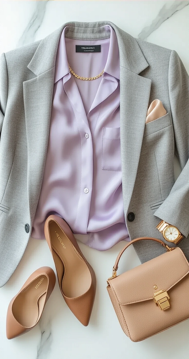 Grey Suit Wedding Attire: The Only Guide You'll Ever Need to Look Sharp on the Big Day Close-up flat lay on a white marble surface featuring a mid-grey wool blazer, pale lavender silk blouse, brown leather kitten heels, a gold watch, tan suede handbag, silver-toned necklace, and nude pocket square, all illuminated by soft diffused daylight.