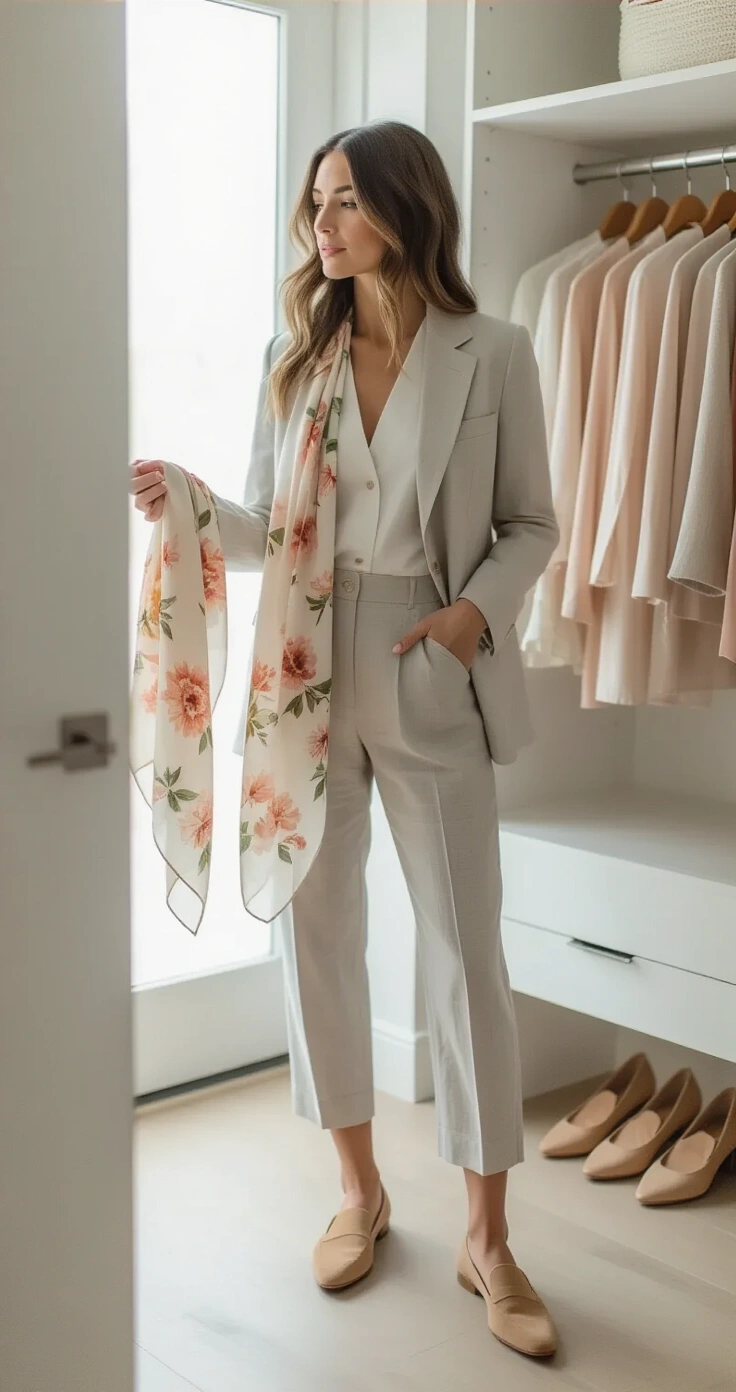 Grey Suit Wedding Attire: The Only Guide You'll Ever Need to Look Sharp on the Big Day A woman in a bright, minimalist dressing room tries on a light grey oversized linen suit, holding a soft blush and ivory floral silk scarf. Tan suede loafers are on the floor, and an open wardrobe behind her displays neatly hung pastel garments, all bathed in soft ambient light.