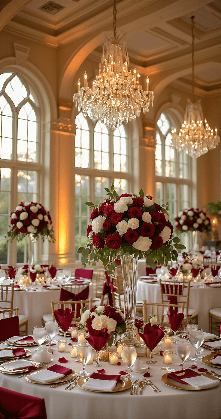 Red and White Wedding: The Complete Guide to a Bold, Romantic Palette That Actually Works A wide-angle photograph of an elegant ballroom reception during golden hour, featuring tall arched windows and crystal chandeliers. The space is adorned with round tables draped in white satin, topped with deep crimson roses and white peonies in glass vases, crimson satin napkins, gold charger plates, and scattered rose petals. The atmosphere is opulent and romantically intimate, illuminated by warm candlelight.