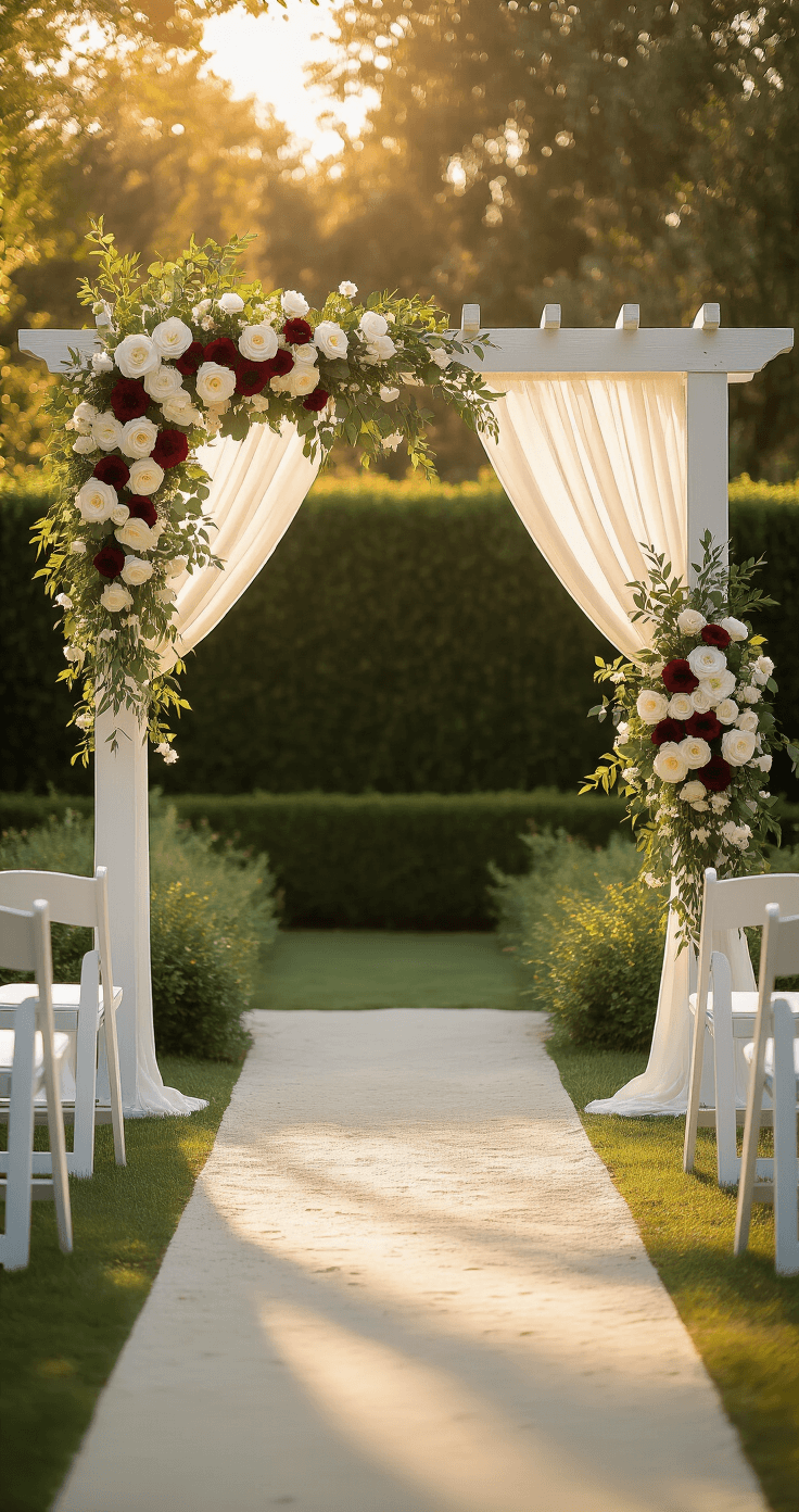 Red and White Wedding: The Complete Guide to a Bold, Romantic Palette That Actually Works A sunlit outdoor ceremony arch made of whitewashed wood, adorned with white roses, ranunculus, ivory orchids, and deep crimson dahlias, set against a blurred garden backdrop. White chiffon drapes from the arch, with white Chiavari chairs decorated with red ribbon bows and roses lining the aisle, evoking a romantic and elegant atmosphere during golden hour.