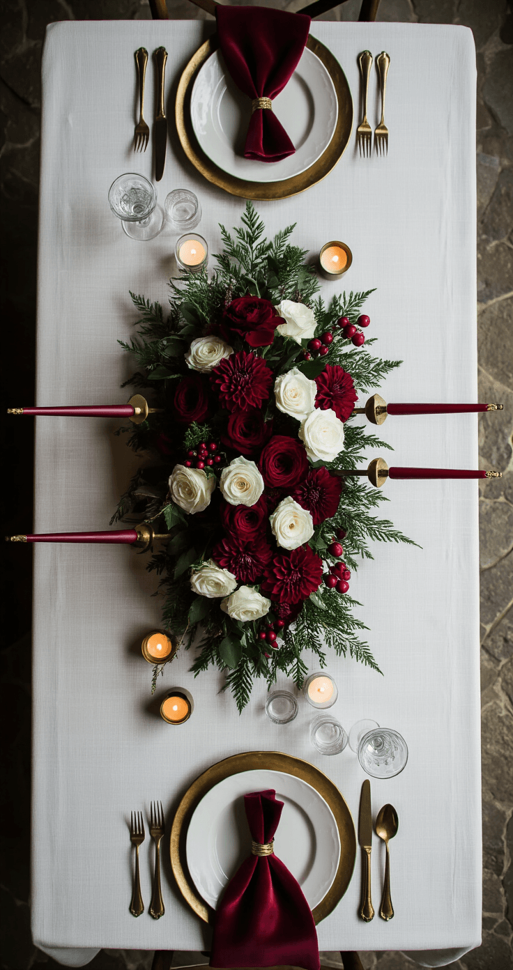 Red and White Wedding: The Complete Guide to a Bold, Romantic Palette That Actually Works A moody winter reception tablescape featuring a textured white linen tablecloth, low floral centerpiece of oxblood and white roses, burgundy velvet napkins, antique gold charger plates, red taper candles, glass votives, and handwritten place cards, all set in a dimly lit stone-walled venue.