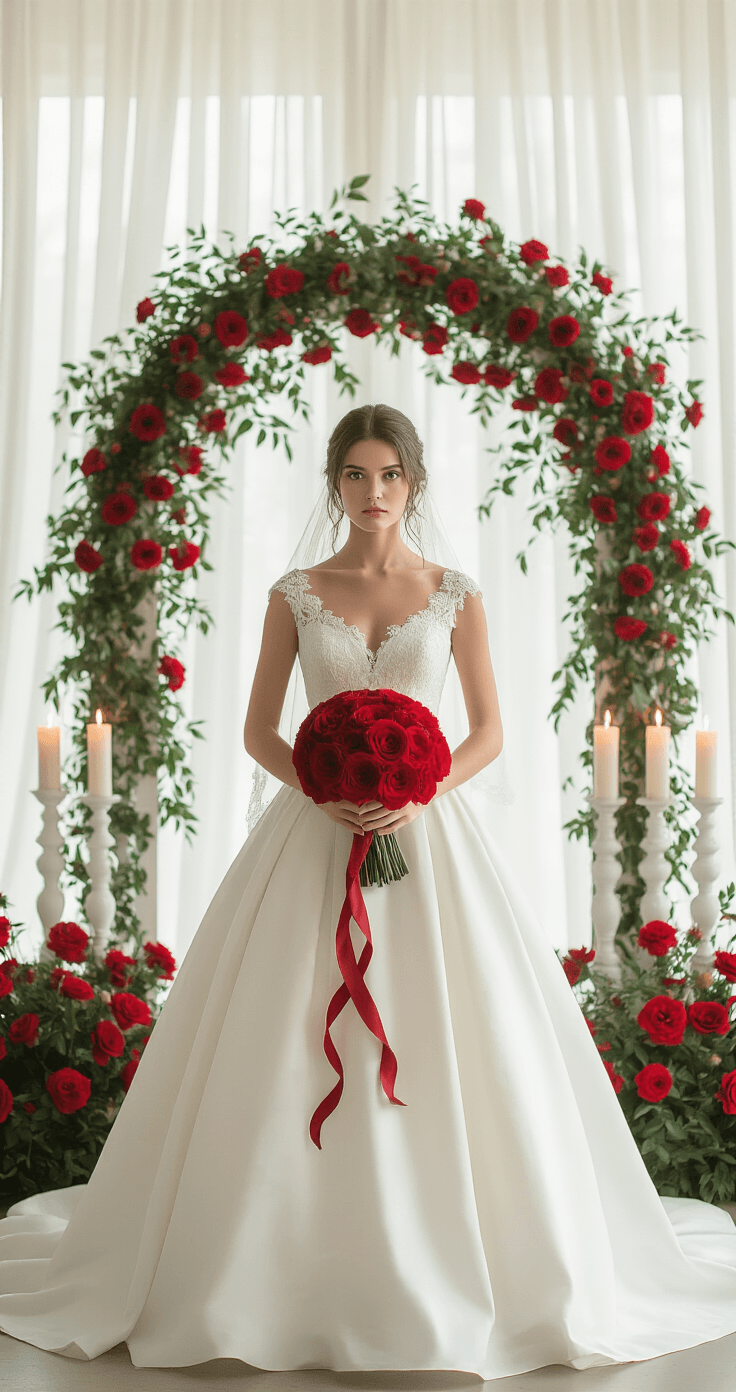 Red and White Wedding: The Complete Guide to a Bold, Romantic Palette That Actually Works A bridal portrait of a bride in a structured ivory ball gown holding a tight all-crimson bouquet, captured from a three-quarter angle indoors with soft window light. The background features a white ceremony arch adorned with crimson flowers and greenery, complemented by warm candlelight creating a strikingly romantic mood.