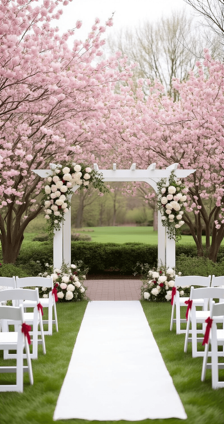Red and White Wedding: The Complete Guide to a Bold, Romantic Palette That Actually Works A scenic outdoor wedding ceremony featuring a white pergola adorned with white peonies, garden roses, and cherry-red ranunculus, set on a manicured green lawn, surrounded by flowering cherry blossom trees under soft, overcast light. White folding chairs with red ribbon sashes line the aisle, which is divided by a white fabric runner. The atmosphere is fresh, romantic, and elegant.