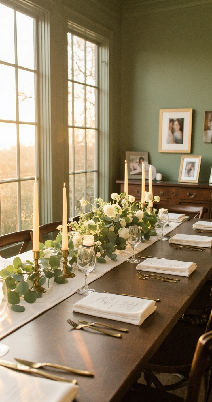 How to Plan a Rehearsal Dinner Without Losing Your Mind (or Your Budget) A cozy private dining room at golden hour with a long table set for twelve, illuminated by amber light, featuring dark walnut furniture, ivory napkins, hand-lettered menus, cream candles, and a eucalyptus centerpiece, with engagement photos on a sideboard and guests arriving in the background.