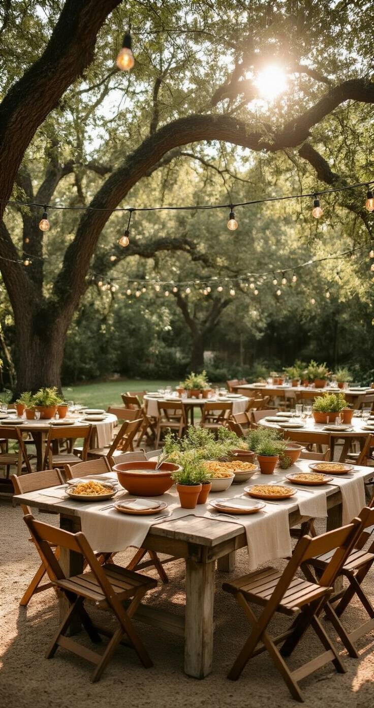 How to Plan a Rehearsal Dinner Without Losing Your Mind (or Your Budget) A sun-drenched backyard rehearsal dinner setup featuring a taco bar on a farmhouse table, surrounded by mismatched wooden chairs and adorned with string lights and fresh herbs, all bathed in warm, late afternoon light.
