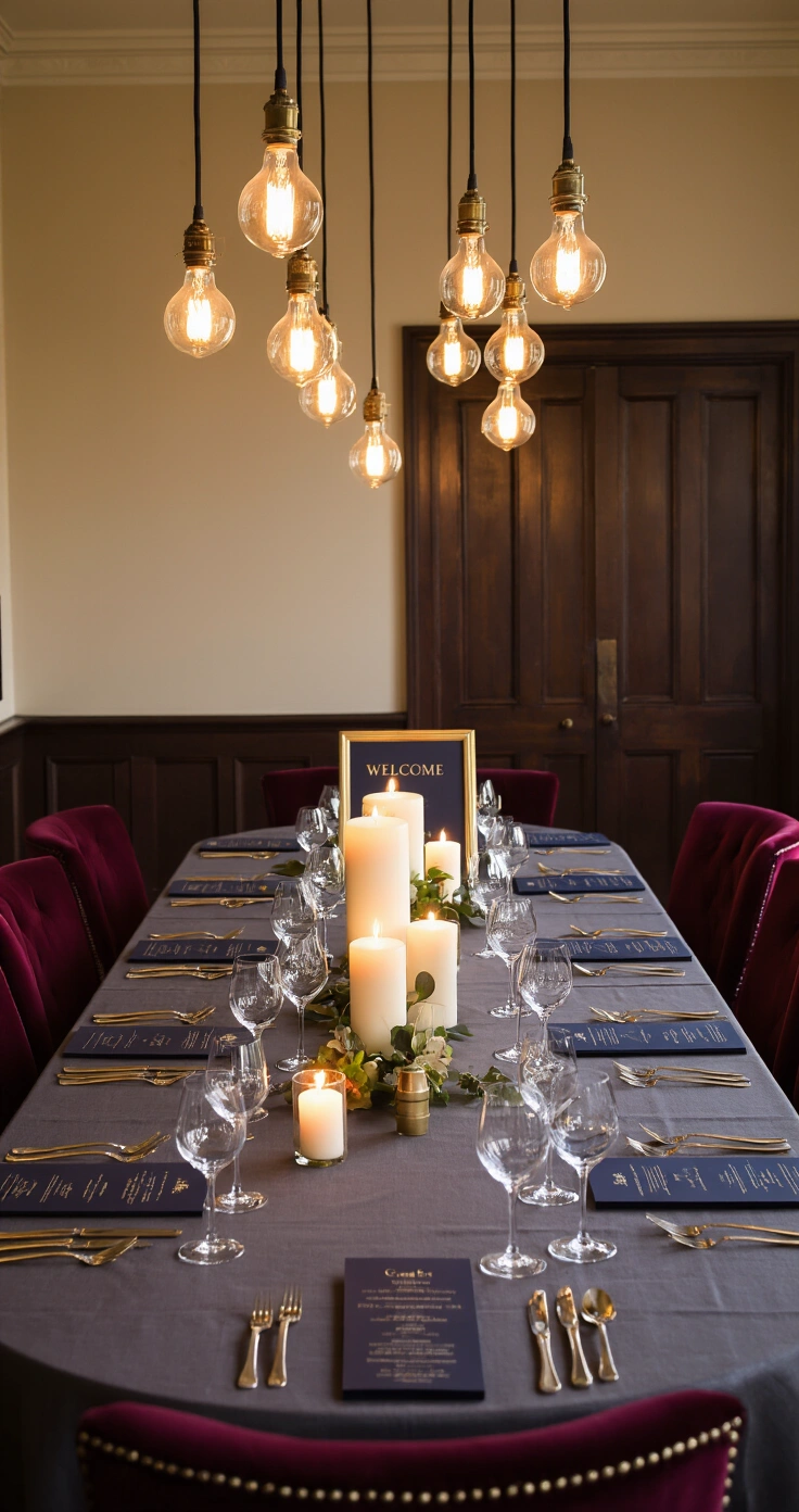 How to Plan a Rehearsal Dinner Without Losing Your Mind (or Your Budget) An elegant private dining room at twilight, featuring warm Edison bulb lighting, a U-shaped table with rich burgundy velvet chairs, and a charcoal linen tablecloth. The table is adorned with clusters of ivory pillar candles and dark navy menus with gold foil lettering, creating a sophisticated and moody atmosphere.