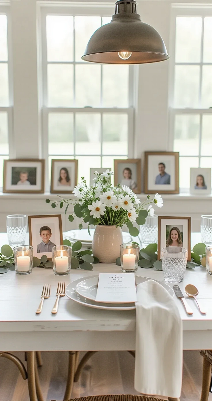 How to Plan a Rehearsal Dinner Without Losing Your Mind (or Your Budget) A beautifully styled rehearsal dinner tablescape featuring a white farmhouse table with grouped votive candles, eucalyptus sprigs, and white cosmos. Clear glass tumblers with printed place cards are set beside folded ivory napkins held by aged brass napkin rings. Behind the table, six framed photos of the couple are displayed on a whitewashed wooden shelf, illuminated by daylight from a side window and warm pendant light, all in a cream, sage, and soft brass color palette.