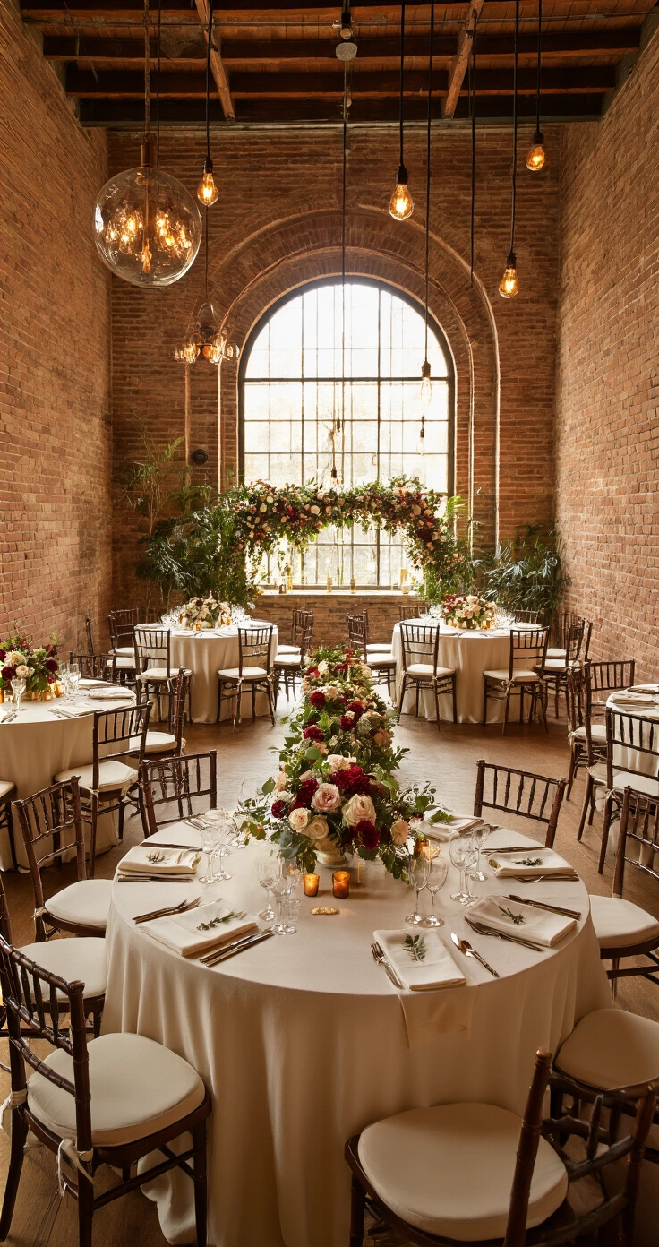 Restaurant Wedding Reception: Everything You Need to Know Before You Book A warm and intimate Italian restaurant private dining room featuring exposed brick walls and an arched ceiling, with twelve round tables dressed in ivory linen and low floral centerpieces. Antique brass candle holders and amber glass votives create a romantic ambiance under Edison bulb pendant lights, with a sweetheart table adorned with a deep crimson and ivory floral runner, all captured from a wide elevated angle.