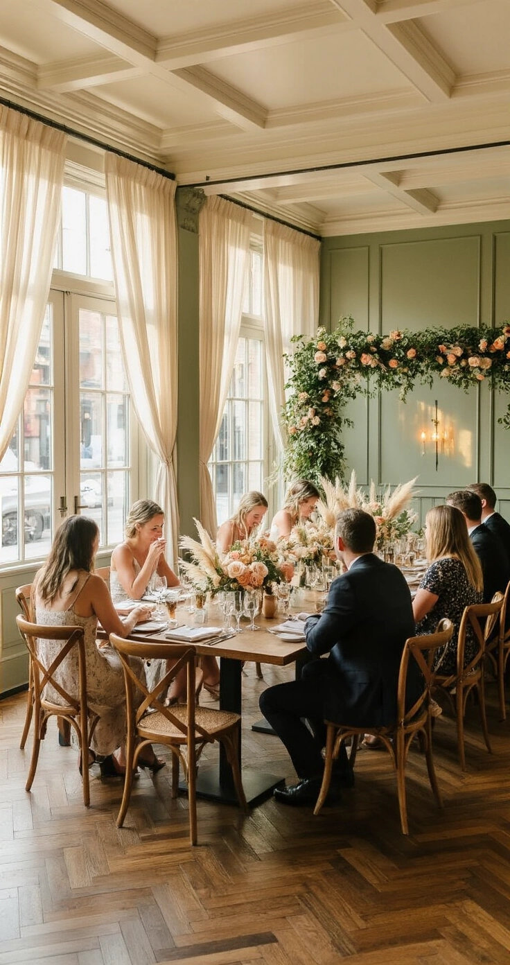 Restaurant Wedding Reception: Everything You Need to Know Before You Book A spacious restaurant reception with warm evening light filtering through sheer linen curtains, featuring guests dining at long farm tables adorned with natural linen and floral arrangements, set against a backdrop of polished oak flooring and muted sage green wainscoting.