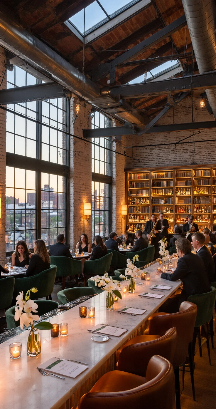 Restaurant Wedding Reception: Everything You Need to Know Before You Book A cozy cocktail hour in an upscale restaurant, featuring warm ambient lighting and plush velvet furniture. Guests in formal attire gather around high cocktail tables adorned with white orchids and tea lights, while a jazz duo performs nearby, all set against a backdrop of exposed steel beams and bookshelves.