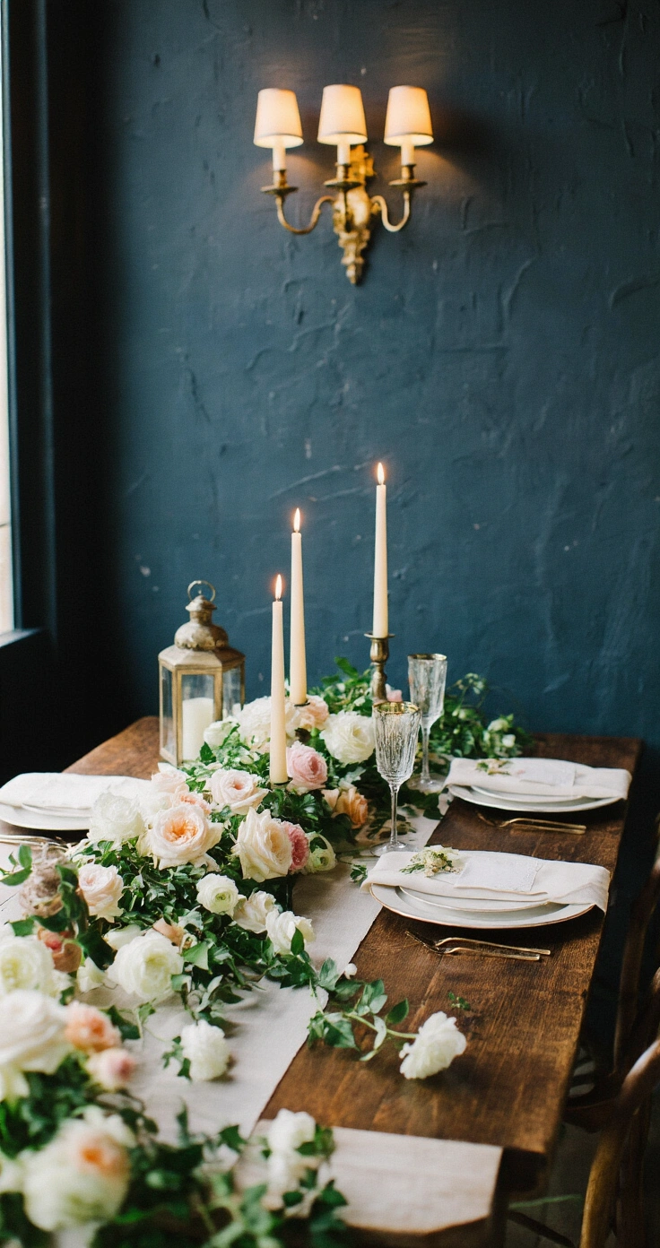 Restaurant Wedding Reception: Everything You Need to Know Before You Book A beautifully arranged sweetheart table in a darkly romantic restaurant setting features a reclaimed walnut two-top adorned with a floral runner of ivory and blush garden roses, smilax greenery, and white ranunculus. Flickering beeswax candles in antique silver holders and a hurricane lantern create an intimate atmosphere against a midnight blue wall. Elegant white porcelain place settings with gold-rimmed charger plates and sharply folded linen napkins await two gold-stemmed champagne flutes, captured in a softly focused close-up shot.