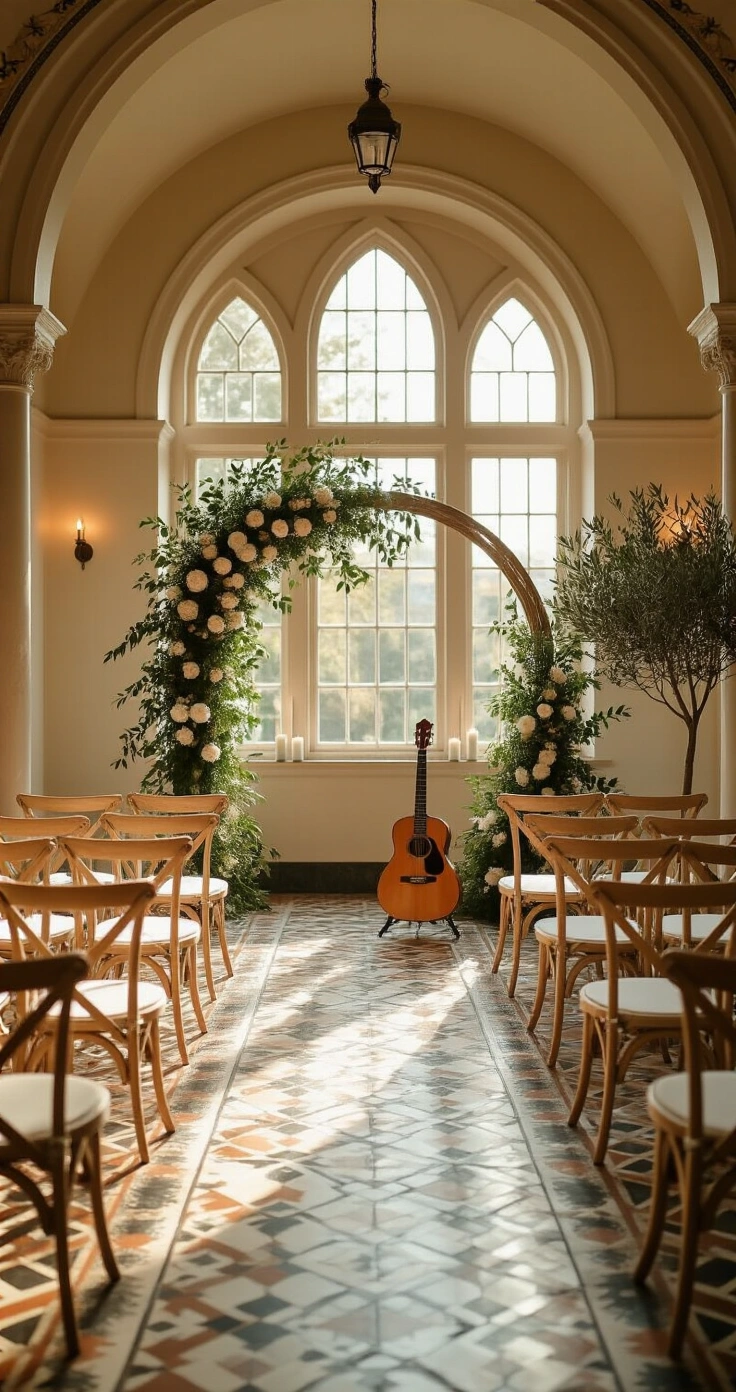 Restaurant Wedding Reception: Everything You Need to Know Before You Book A beautifully set ceremony space in a private dining room, featuring Victorian windows with warm afternoon light, white bentwood chairs arranged in two rows, an arch of eucalyptus and roses, and a small acoustic guitar duo beside a potted olive tree, creating a quietly beautiful and anticipatory mood.