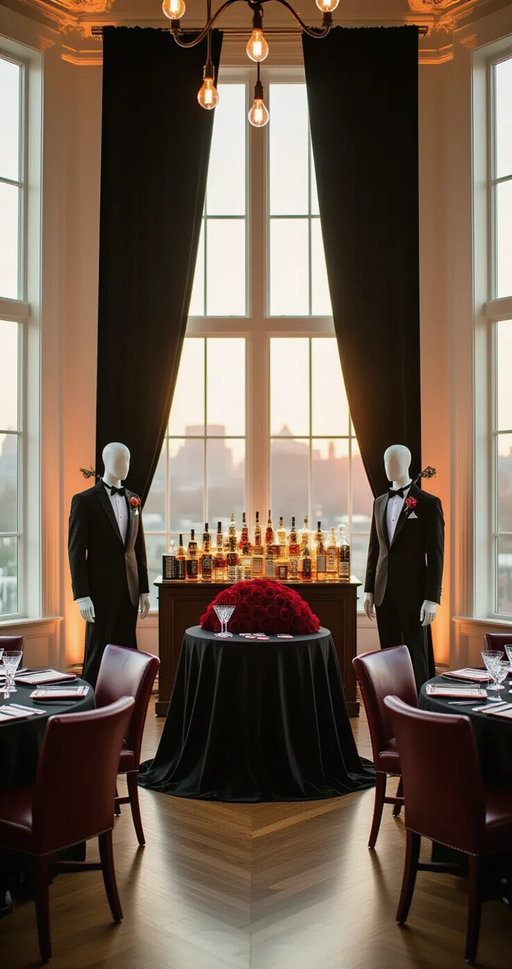 Retro Vegas Wedding Ideas That Actually Work (No Cheesy Stuff, I Promise) A sophisticated 1960s-inspired wedding reception room featuring a sweetheart table with a red rose centerpiece, tuxedo-clad mannequins by a mahogany bar, warm tungsten lighting, and rich black, crimson, and gold decor, evoking a Rat Pack-era Las Vegas atmosphere.