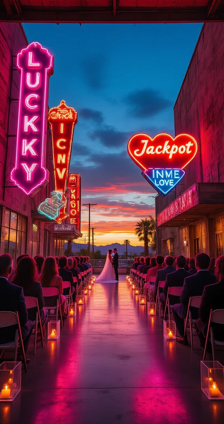 Retro Vegas Wedding Ideas That Actually Work (No Cheesy Stuff, I Promise) A wide-angle view of a neon-themed museum wedding ceremony space at dusk, featuring towering vintage Las Vegas signs in vibrant colors, an aisle lined with glowing heart-shaped installations, and guests in industrial seating surrounded by shifting multicolored light.