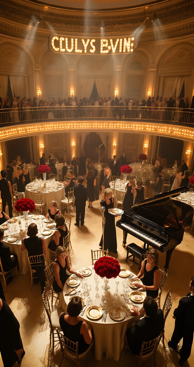 Retro Vegas Wedding Ideas That Actually Work (No Cheesy Stuff, I Promise) Aerial view of a glamorous 1950s Hollywood wedding reception in a circular ballroom, featuring ivory satin tables adorned with deep red carnations and white roses, a black baby grand piano, retro cocktail waitresses serving martinis, and a sweetheart table highlighted by a marquee with the couple's names, all set in a luxurious ivory and gold color scheme.