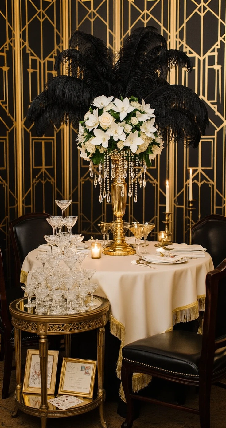 Retro Vegas Wedding Ideas That Actually Work (No Cheesy Stuff, I Promise) An intimate 1920s Art Deco wedding reception corner featuring a sweetheart table against geometric black and gold wallpaper, with a high black feather centerpiece, stacked champagne coupes, and dark mahogany furniture, all illuminated by warm candlelight and surrounded by beaded curtains.
